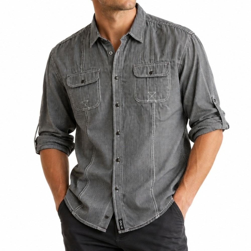 Marc Ecko Cut & Sew Shirt Men XL Black White Check Utility Button Down Roll Tabs